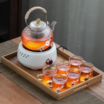 耐熱玻璃泡茶壺茶具套裝家用電陶爐插電煮茶器胡桃木茶盤輕奢現代