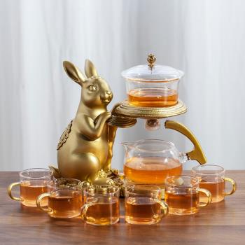招財玉兔玻璃全自動懶人茶具套裝家用神器泡茶壺磁吸出水功夫茶杯