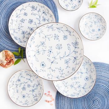 日本進口線唐草餐具釉下彩米飯碗盤套裝家用菜盤子陶瓷大平盤魚盤