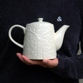 M1988北歐風陶瓷釉下彩白色啞光色森林系浮雕百搭茶壺茶具下午茶
