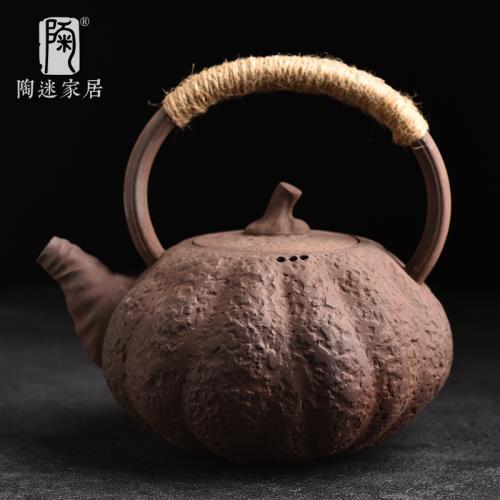 提梁南瓜八宝茶壺 酒壺 茶道置物 煎茶道具 陶迷復古南瓜提梁壺耐高溫炭爐干燒陶瓷煮茶壺粗陶燒水壺明火炭燒|茶壺