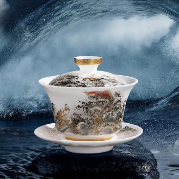 羊脂玉白瓷素燒三才蓋碗茶杯單個陶瓷茶碗手抓壺三才杯西施泡茶壺