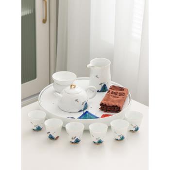 輕奢日式茶具套裝家用簡約整套辦公室圓形茶盤臺陶瓷茶壺高檔功夫