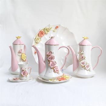 [夢田良品]出口歐式描金重工立體花朵浪漫下午茶陶瓷茶壺咖啡杯碟