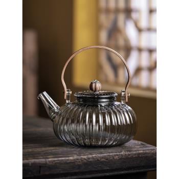 玻璃泡茶壺防燙木把提梁壺耐高溫煮茶壺燒水壺家用茶水分離花茶壺