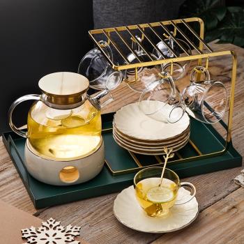 水果茶壺套裝玻璃英式家用蠟燭加熱陶瓷底座下午茶茶具花茶杯套裝