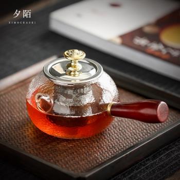 日式錘紋玻璃側把茶壺耐高溫加厚大號家用茶水分離內膽帶濾網單壺