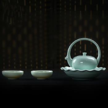 日個性手提茶壺茶具套組五彩手繪青瓷花好月圓一壺兩杯陶瓷茶具