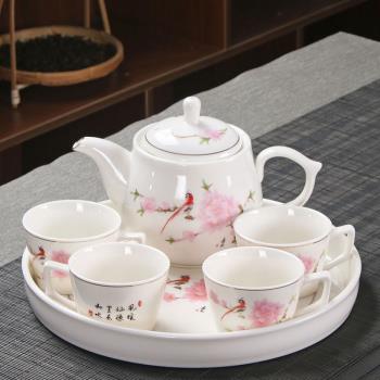 8頭茶具套裝家用茶壺有耳茶杯圓形瓷茶盤中式陶瓷功夫茶具整套裝