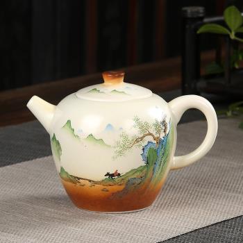 復古粗陶茶壺家用日式陶瓷功夫茶具單個泡茶器大號手繪柴燒提梁壺