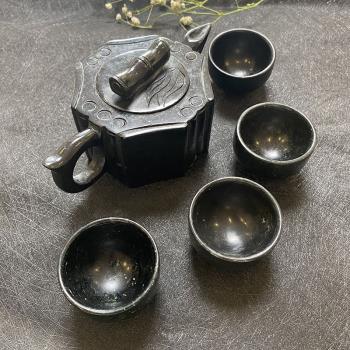 西藏天然藥王石茶壺墨綠玉竹節壺藏玉茶具整套套裝家用健康養生壺