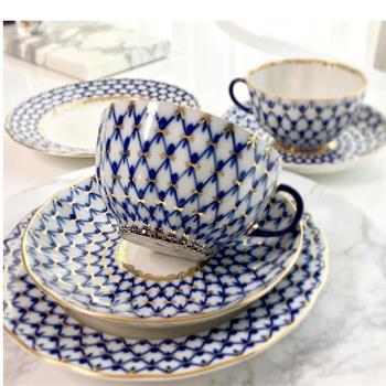 俄羅斯皇家瓷器Lomonosov鈷藍網紋下午茶杯咖啡杯碟茶壺奶罐禮盒