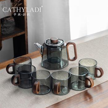 Cathyladi 茶水分離玻璃泡茶壺大容量家用耐高溫木把帶過濾煮茶壺