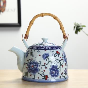 復古陶瓷茶壺大容量提梁壺帶過濾網餐廳泡茶壺青花瓷耐高溫家用壺