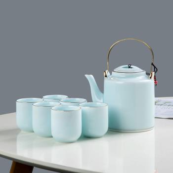 景德鎮陶瓷茶具套裝家用客廳簡約泡茶壺大號影青瓷提梁壺茶杯中式