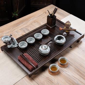 整套哥窯茶具茶盤套裝黑檀木茶盤實木茶臺家用福茶海儲水抽屜茶壺
