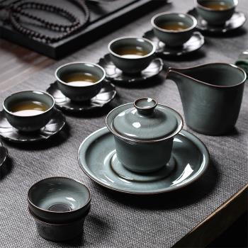 青瓷茶具套裝家用室內功夫茶具陶瓷鐵胎冰裂茶壺蓋碗茶杯壺承整套