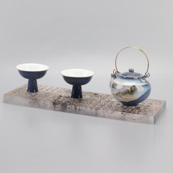 新中式創意藍色茶具套裝托盤陶瓷茶壺擺件樣板房書房茶室桌面飾品