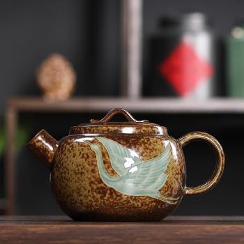 青瓷茶壺單壺龍泉手工瑞鶴茶末釉陶瓷帶過濾泡茶功夫茶具復古家用