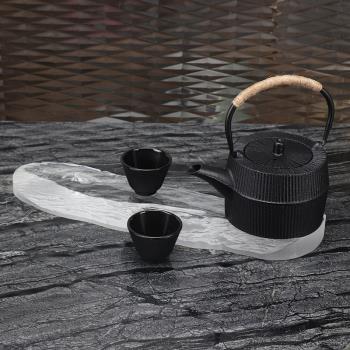 新中式創意鐵藝茶壺琉璃托盤樣板房客廳酒店售樓處茶幾桌面擺件