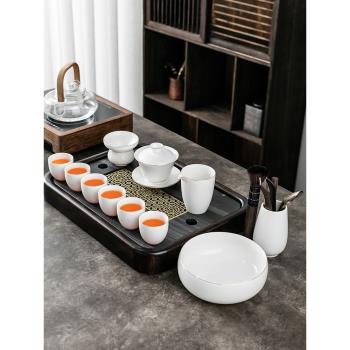 中式家用白瓷功夫茶具套裝羊脂玉蓋碗茶杯茶壺喬遷新居開業禮品