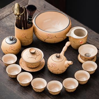 高檔手繪功夫茶具套裝家用簡約陶瓷蓋碗泡茶壺整套喝茶杯粗陶側把