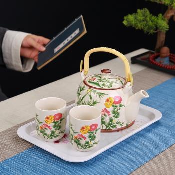 大號青花茶壺茶杯中式復古陶瓷家用提梁功夫茶具套裝一壺二杯竹托