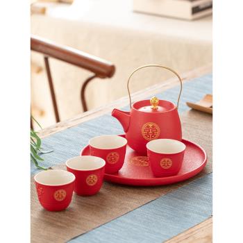 中式結婚功夫茶具套裝陶瓷家用改口敬茶杯紅色茶盤泡茶壺陪嫁禮盒