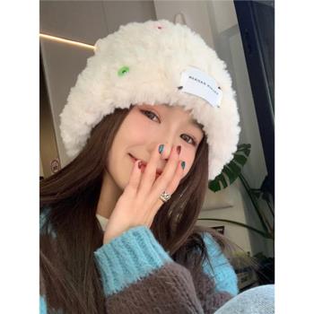 白鹿同款帽子顯臉小秋冬紐扣毛絨漁夫帽針織加厚保暖仿皮草毛線帽