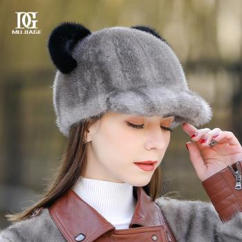 水貂毛皮草帽子女冬季韓版加厚可愛貓耳朵帽時尚洋氣冬天鴨舌帽子
