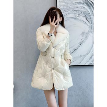 皮草羽絨服女中長款2023新秋冬亮面顯瘦a字水貂狐貍毛白鴨絨外套