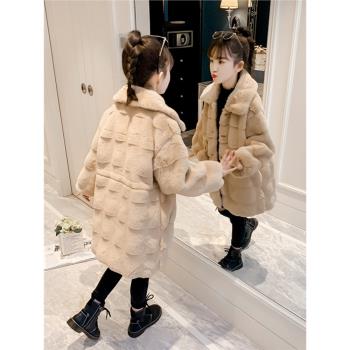韓國女童加厚外套2023年新款中大童洋氣長款皮草女孩時髦貂毛大衣