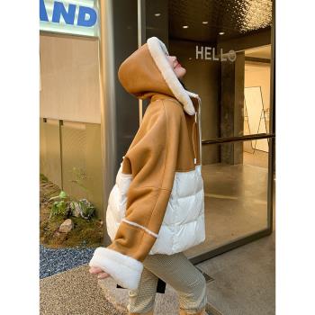 羊羔毛羽絨服短款連帽外套皮草