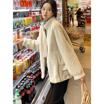 仿貂絨皮草外套女2024新款保暖立領百搭蝴蝶結皮毛一體中長款大衣