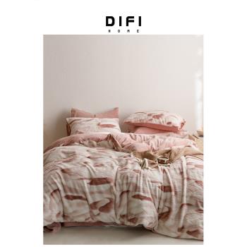 意大利DIFI新款A類杏紅色豹紋簡約皮草絨四件套加絨加厚床單床笠