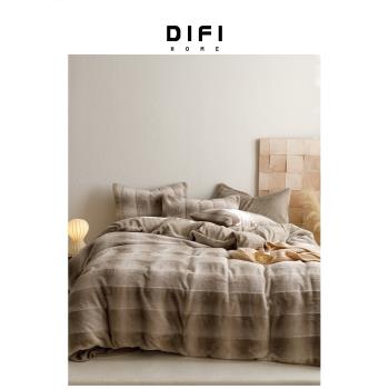 意大利DIFI新款灰色條紋加絨加厚皮草絨ins風四件套親膚床單床笠