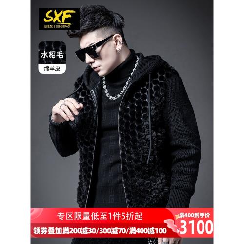SXF圣希梵2023新款水貂毛皮草男 整貂皮針織袖真貂翻領大衣外套男