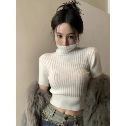 短袖高領針織衫女秋冬皮草內搭高級感羊毛毛衣打底衫收腰短款上衣