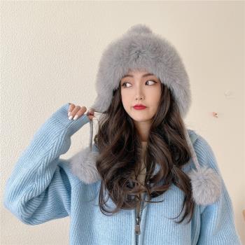 冬季韓版新款網紅狐貍毛皮草雷鋒帽 針織毛線帽子可愛護耳帽子女