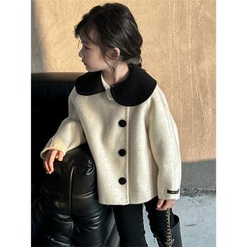 韓國童裝女童小香風上衣百分百雙面羊毛娃娃領時尚女寶寶秋外套
