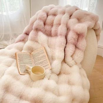 時尚漸變粉色托斯卡納皮草毛毯加厚仿兔毛絨雙層蓋毯休閑毯子冬季