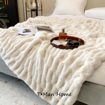白色仿兔絨毛毯雙層加厚被仿皮草蓋毯樣板間裝飾拍照毯沙發小毯子