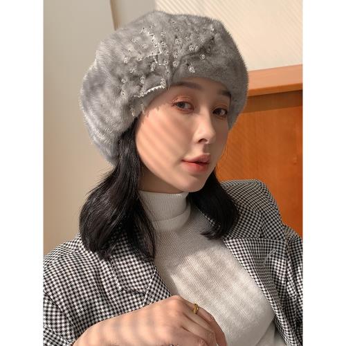 韓國整皮水貂毛帽秋冬女貂皮皮草帽子水貂貝雷帽串珠皮草畫家帽