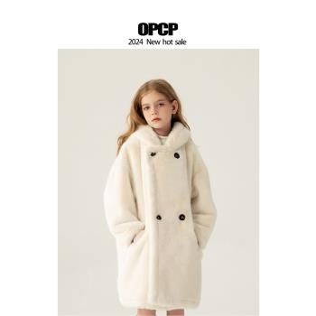 OPCP兒童皮草外套2024秋冬新款女童仿水貂毛小女孩毛毛大衣中長款