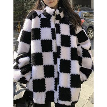 2025冬季新款棋盤格子羊羔毛絨仿皮草拉鏈外套女保暖棉服衛衣寬松