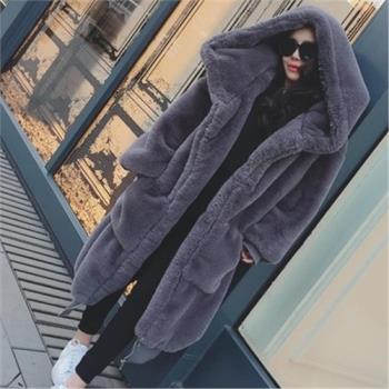 2023秋冬季新款Gigi同款仿獺兔毛加厚長款連帽毛毛外套皮草大衣女