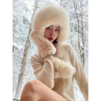 冬狐貍毛皮草雷鋒帽保暖針織加絨毛線帽甜美可愛新款護耳防寒女帽