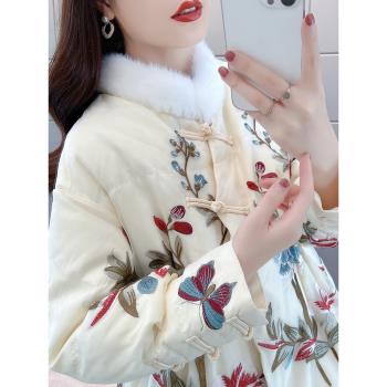 水貂毛領皮草外套女鵝絨羽絨服2024新款爆款中式減齡年輕繡花大衣