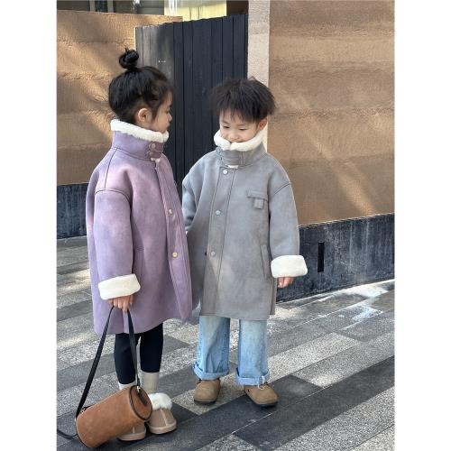 兒童皮毛一體大衣男童棉衣加絨女童皮草外套中長款寶寶秋冬季童裝