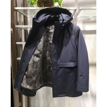 方仕皮衣派克服男水貂內膽皮毛一體連帽中長款秋冬季潮流大衣外套